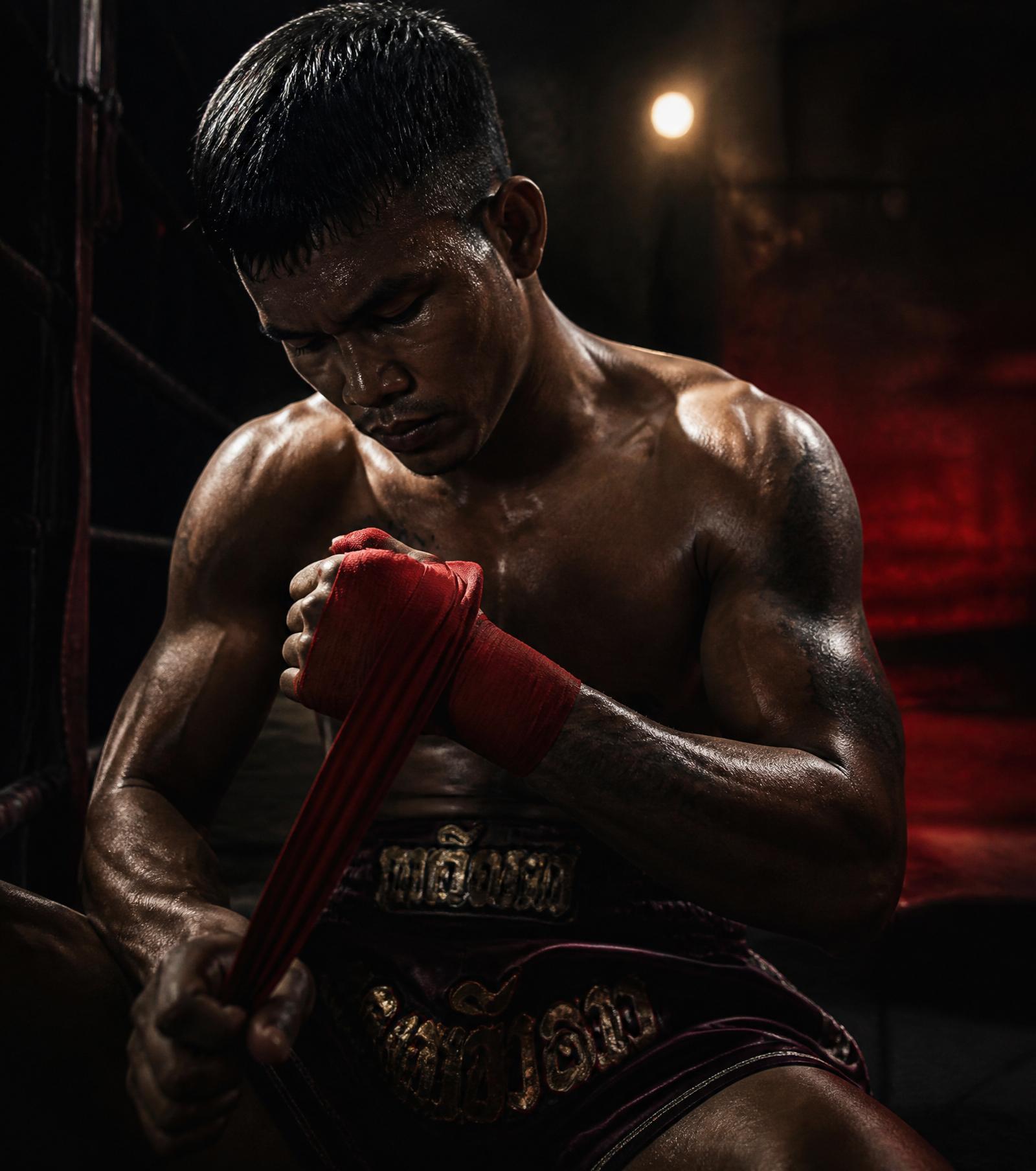 Luchador de Muay Thai vendándose las manos en Kai Zen Training Camp